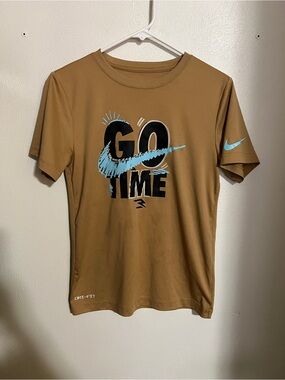 NIKE Classic 3 Brand Dri Fit Athletic Athleisure Graphic T Shirt Tan Blue Boys L